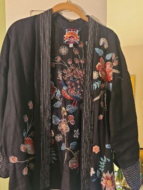 Johnny Was Black Embroidered Peacock Kimono Jacket